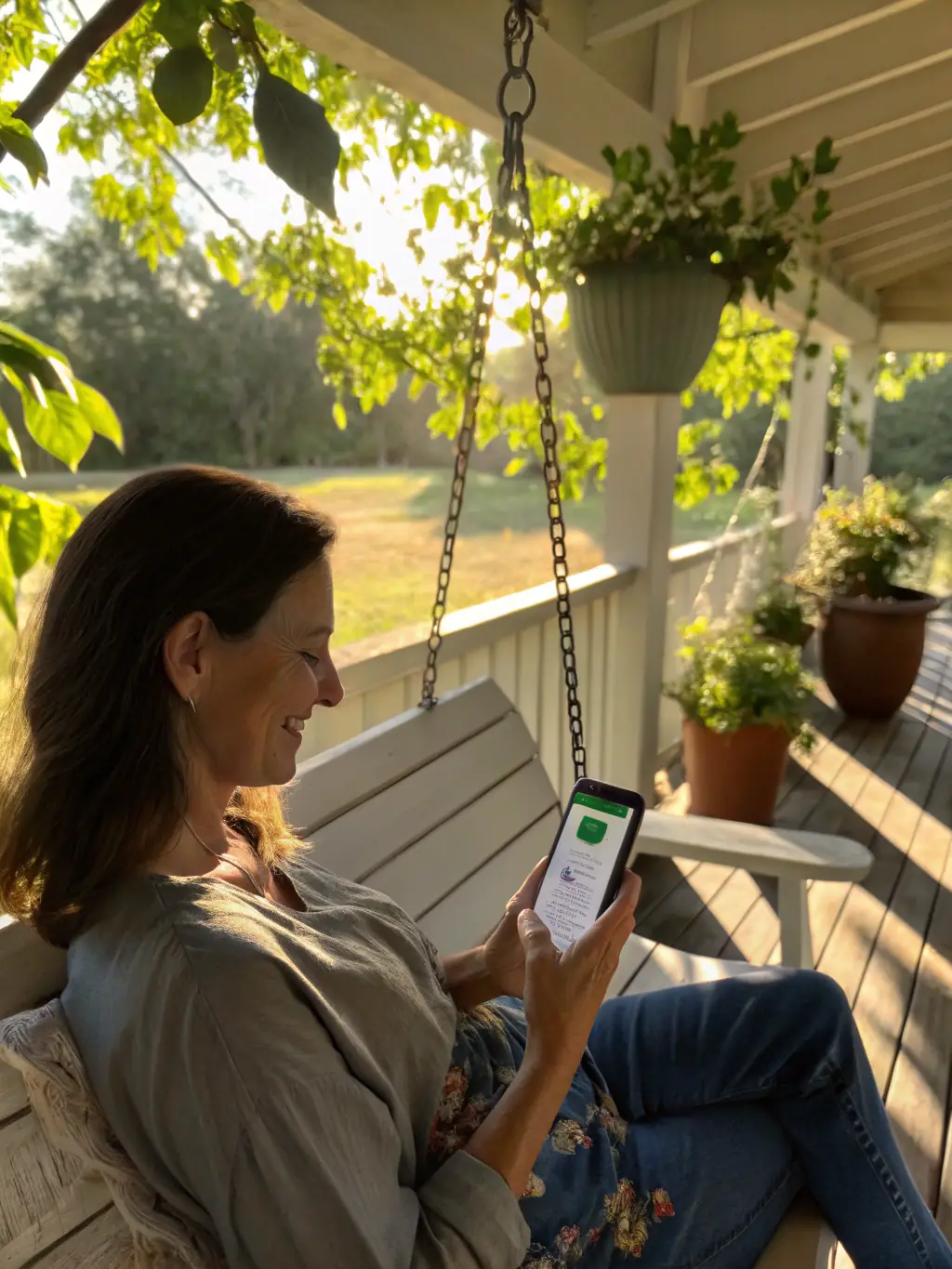 A property owner relaxing on their porch, confidently reviewing financial reports on a tablet, showcasing the peace of mind gained through professional property management.