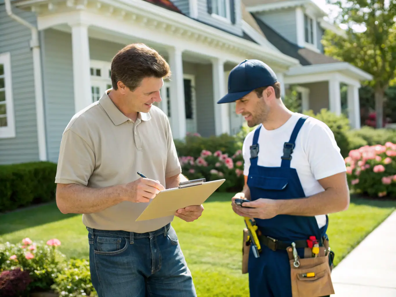 A property manager coordinating repairs with a maintenance worker at a rental property, showcasing efficient maintenance services.