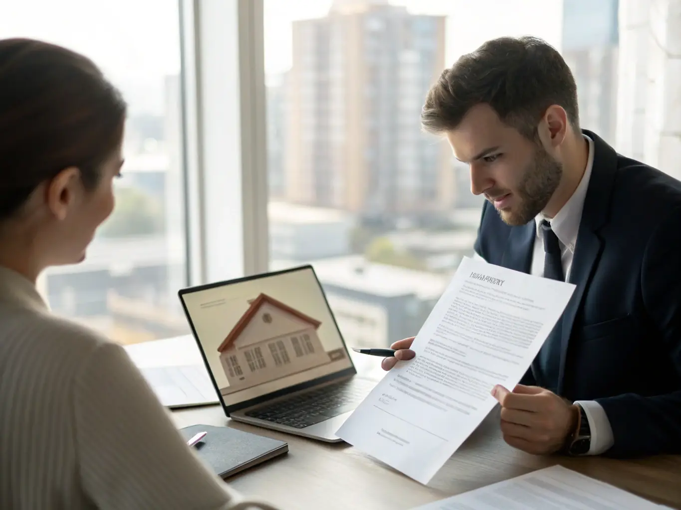 A well-organized office setting with property managers reviewing tenant applications and background checks, symbolizing thorough tenant screening services.